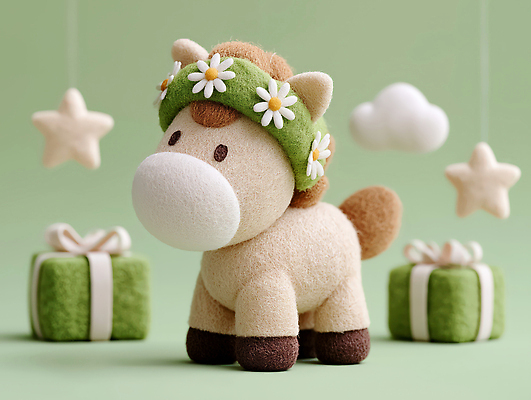 JPG 편집이미지 캐릭터 꽃 인형 선물 장식 초록색 상자 장난감 귀여움 아기 말_게임 뜨개질 포근함 조랑말 이미지편집 AI컴퓨터그래픽 AI콘텐츠 식물 컬러 컨셉 사람 취미 말_동물 감각 파일형식