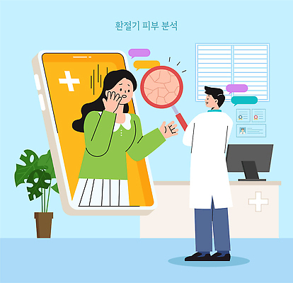 계절 컨셉 의학 설명 신체부위 뷰티 의료진 파일형식 벡터 피부 의사 환자 분석 디지털 문제 치료 상담 스크린 검사_조사 기술 건강 예방 진료 해설 안정성 AI파일 국내일러스트 일러스트 피부관리 환절기