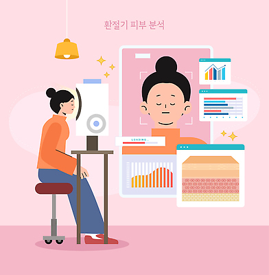 직업 계절 컨셉 신체부위 뷰티 기계 파일형식 벡터 피부 측정기 분석 고객 자료 그래프 화장품 기술 여름 건강 피부관리 실험 결과 상담 전문직 AI파일 국내일러스트 일러스트 환절기