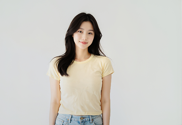 JPG 편집이미지 여자 패션 감정 포즈 티셔츠 표정 미소 흰색 청바지 분위기 편안함 밝은색 의료성형뷰티 편집실사 AI인물포토 AI콘텐츠 컬러 컨셉 셔츠 바지 사람 감각 CG 파일형식 AI포토
