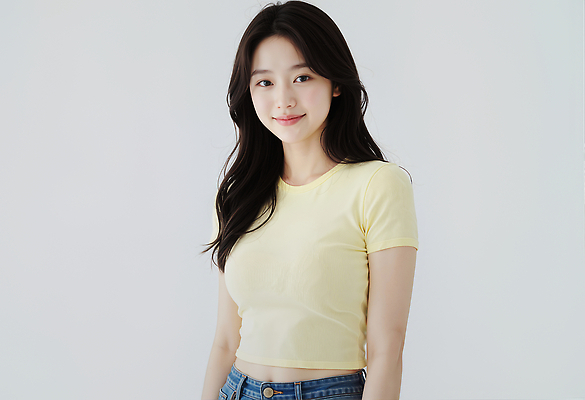 JPG 모델 편집이미지 여자 패션 포즈 티셔츠 밝음 웃음 노란색 사진촬영 촬영 청바지 편안함 의료성형뷰티 스타일 편집실사 AI인물포토 AI콘텐츠 컬러 셔츠 바지 표정 사람 감각 CG 파일형식 AI포토