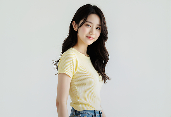 JPG 편집이미지 여자 패션 포즈 백그라운드 티셔츠 밝음 미소 청춘 노란색 카메라 촬영 흰색 청바지 의료성형뷰티 스타일 편집실사 AI인물포토 AI콘텐츠 컬러 컨셉 셔츠 바지 표정 사람 전자제품 CG 파일형식 AI포토