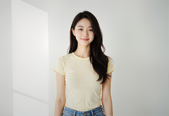 JPG 편집이미지 헤어스타일 여자 패션 티셔츠 실내 표정 미소 빛 청춘 카메라 촬영 청바지 분위기 밝은색 의료성형뷰티 편집실사 AI인물포토 AI콘텐츠 컨셉 셔츠 바지 사람 내부 전자제품 CG 파일형식 AI포토