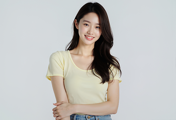 JPG 전신 편집이미지 옷 여자 포즈 티셔츠 표정 미소 노란색 머리 카메라 자신감 길이 뷰티풀 의료성형뷰티 스타일 편집실사 AI인물포토 AI콘텐츠 감정 컬러 셔츠 사람 신체부위 전자제품 CG 파일형식 AI포토
