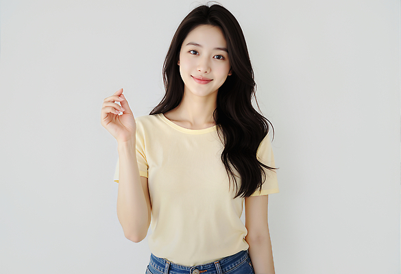 JPG 편집이미지 손 여자 패션 포즈 백그라운드 티셔츠 밝음 미소 청춘 노란색 촬영 즐거움 뷰티풀 의료성형뷰티 스타일 편집실사 AI인물포토 AI콘텐츠 감정 컬러 컨셉 셔츠 표정 사람 신체부위 CG 파일형식 AI포토