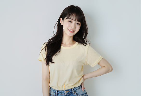 JPG 편집이미지 여자 패션 포즈 티셔츠 표정 미소 웃음 캐주얼 여름 청춘 머리 베이지색 의료성형뷰티 스타일 편집실사 AI인물포토 AI콘텐츠 옷 계절 컬러 컨셉 셔츠 사람 신체부위 CG 파일형식 AI포토