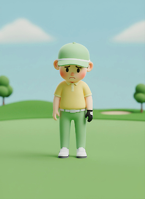 JPG 편집이미지 캐릭터 여유 스포츠 골프 골프장 표정 사람 풍경 야외 초록색 연두색 운동 환경 홀 걱정 편집3D AI컴퓨터그래픽 AI콘텐츠 감정 컬러 스포츠시설 건강 3D 구기 공간 파일형식