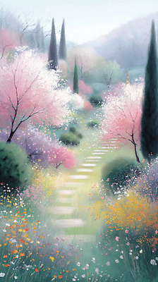 JPG 나무 식물 꽃 감정 화초 분홍색 일러스트 자연 생명 풍경 초원 평화 정원 봄 산책 산책로 촉촉함 조용 화사함 뷰티풀 국내일러스트 AI일러스트 AI콘텐츠 계절 길 컬러 컨셉 휴식 젖음 생태계 파일형식