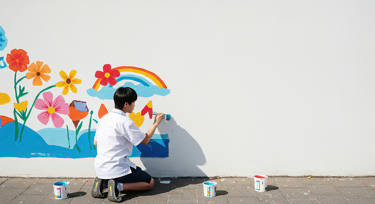 JPG 편집이미지 꽃 어린이 컬러 무지개 학교 모션 자연 소년 여름 물감 봉사 즐거움 벽화 그림 창의성 의료성형뷰티 편집실사 AI인물포토 AI콘텐츠 자연요소 식물 계절 교육 남자 감정 사람 미술도구 도움 CG 생태계 파일형식 AI포토