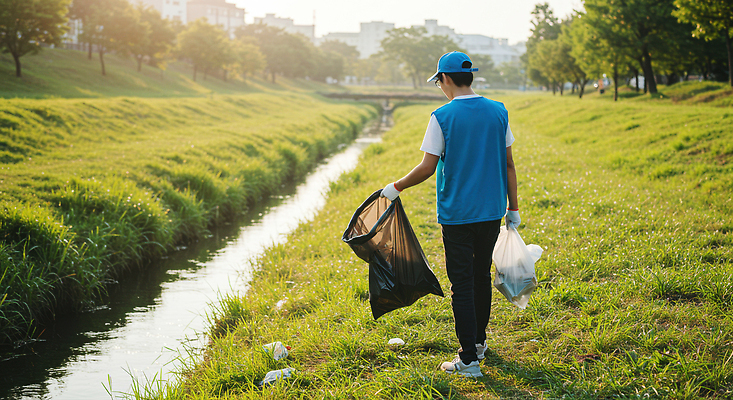 JPG 편집이미지 모션 자연 거리 강 햇빛 환경 깨끗함 봉사 보호 쓰레기 청소 노력 실천 오후 의료성형뷰티 편집실사 AI인물포토 AI콘텐츠 컨셉 태양 도움 CG 생태계 파일형식 AI포토