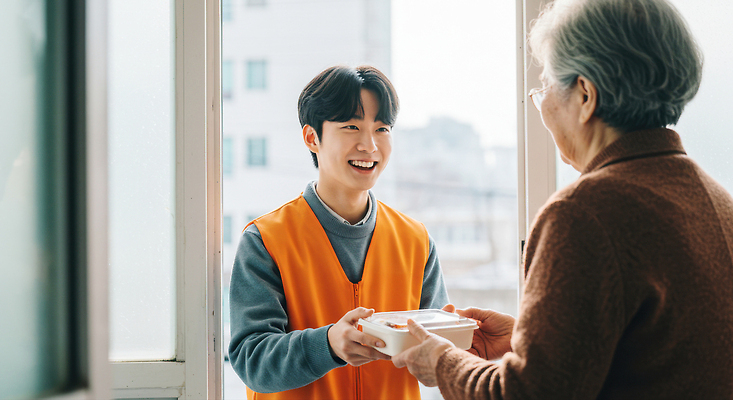 JPG 편집이미지 행복 할머니 친절 거리 따뜻함 대화 웃음 청년 식사 봉사 도움 전달 나눔 소통 의료성형뷰티 편집실사 AI인물포토 AI콘텐츠 여자 노년 감정 컨셉 표정 말하기 성인 CG 파일형식 AI포토