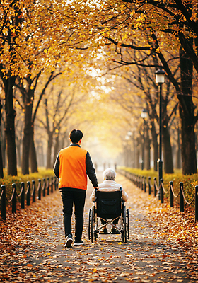 JPG 나무 편집이미지 공원 노년 길 잎 가족 자연 일상 산책 봉사 도움 휠체어 배려 뷰티풀 의료성형뷰티 편집실사 AI인물포토 AI콘텐츠 식물 공공시설 컨셉 관계 휴식 성인 라이프 CG 생태계 파일형식 AI포토