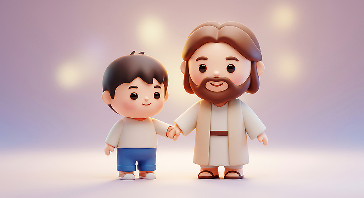 JPG 편집이미지 캐릭터 상징 조명 따뜻함 사랑 소년 친구 손잡기 기쁨 예수 장면 순간 편집3D AI컴퓨터그래픽 AI콘텐츠 남자 감정 어린이 관계 모션 3D 신_종교 파일형식