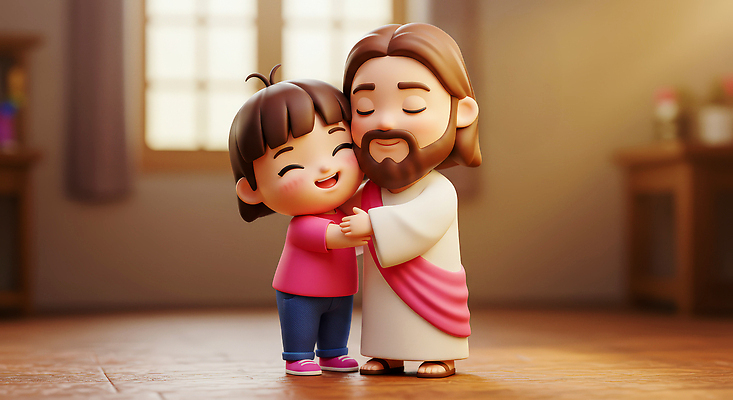 JPG 편집이미지 행복 감정 기독교 어린이 가족 포옹 주택 실내 따뜻함 사랑 예수 만화 순간 편집3D AI컴퓨터그래픽 AI콘텐츠 종교 관계 안기 사람 내부 건물 3D 신_종교 파일형식