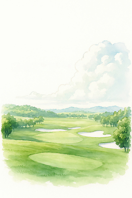 JPG 나무 여유 스포츠 골프 일러스트 골프장 자연 하늘 레저 휴식 풍경 초원 야외 초록색 여름 운동 평화 조화 일상탈출 국내일러스트 AI일러스트 AI콘텐츠 식물 계절 감정 컬러 컨셉 스포츠시설 건강 구기 생태계 파일형식