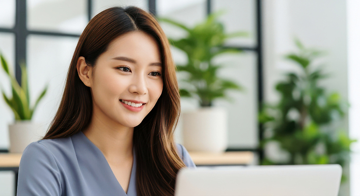 JPG 편집이미지 여자 화분 직장 미소 노트북 컴퓨터 사무실 작업 분위기 편안함 집중 모던 커리어 의료성형뷰티 편집실사 AI인물포토 AI콘텐츠 컨셉 회사 비즈니스 표정 사람 전자제품 감각 CG 파일형식 AI포토