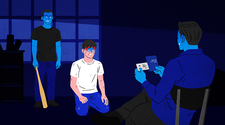 감정 말하기 사람 신체부위 야구용품 범죄 사건 증명서 파일형식 남자 방 긴장 야구방망이 무릎 대화 위협 시선 모션 갈등 안전 공간 신분증 일러스트 국내일러스트 PSD 실종 납치