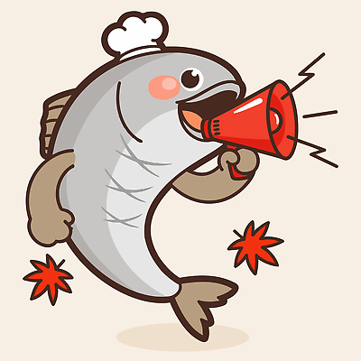 동물 캐릭터 음식 상징 일러스트 모션 표정 대화 어류 요리 웃음 귀여움 주방 요리사 확성기 즐거움 장면 소통 음성 전어 일러캐릭터 AI파일 직업 감정 컨셉 말하기 수중동물 파일형식 벡터