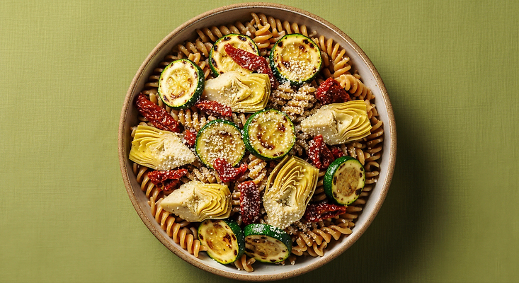 JPG 편집이미지 그릇 음식 채소 재료 파스타 건강 요리 저녁식사 신선 맛 레시피 아티초크 주키니 편집실사 AI포토 AI콘텐츠 식기 컨셉 서양음식 식사 CG 파일형식