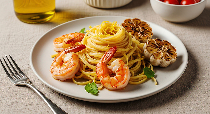 JPG 편집이미지 접시 음식 탁자 새우 마늘 스파게티 요리 식사 이탈리아 면류 맛 올리브오일 해산물 레시피 식사준비 편집실사 AI포토 AI콘텐츠 식기 유럽 가구 컨셉 채소 파스타 갑각류 기름_음식 CG 준비 파일형식