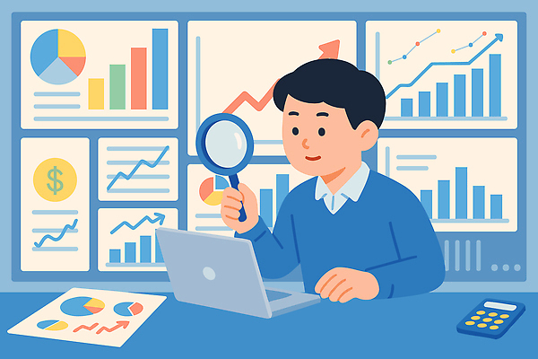 남자 일러스트 비즈니스 통계 그래프 직장 기술 실험 경제 컴퓨터 사무실 유행 자료 업무 결과 집중 분석 사무용가구 서류판 국내일러스트 AI파일 가구 컨셉 회사 사람 전자제품 사무용품 작업 파일형식 벡터