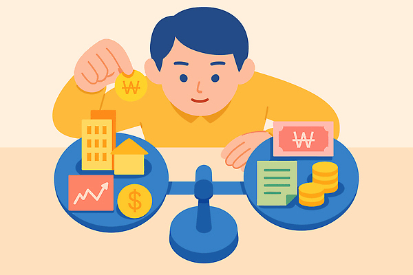 돈 일러스트 그래프 주택 저울 건물 금융 경제 절약 비교 재산 목표 계획 균형 재테크 투자 통화 수익 가치 의사결정 국내일러스트 AI파일 건축물 컨셉 비즈니스 모션 파일형식 벡터