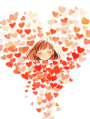 JPG 디자인 행복 감정 일러스트 따뜻함 사랑 미소 소녀 귀여움 하트 표현 포근함 그림 감성 색감 창의성 동심 국내일러스트 AI일러스트 AI콘텐츠 모양 여자 어린이 컨셉 표정 감각 파일형식