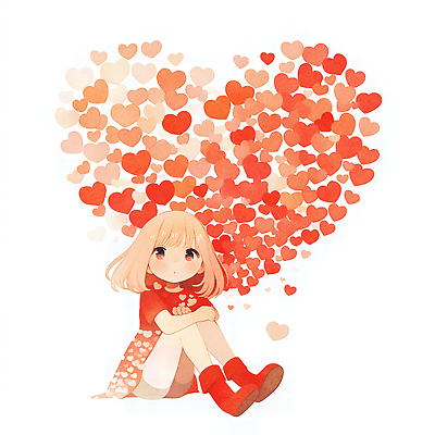 JPG 캐릭터 디자인 행복 감정 분홍색 일러스트 동화 따뜻함 사랑 소녀 빨간색 하트 마음 표현 그리기 그림 감성 창의력 국내일러스트 AI일러스트 AI콘텐츠 모양 여자 어린이 컬러 컨셉 모션 파일형식