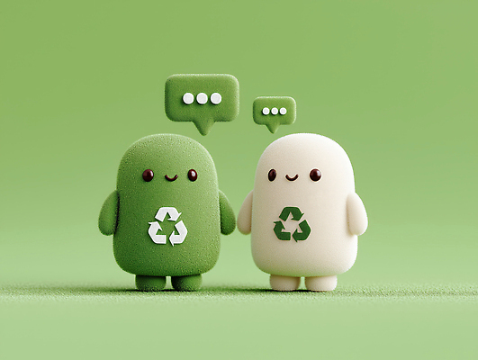 JPG 편집이미지 캐릭터 디자인 두마리 3D캐릭터 대화 일상 초록색 귀여움 환경 재활용 흰색 친환경 생태계 소통 편집3D AI컴퓨터그래픽 AI콘텐츠 컬러 컨셉 2 말하기 라이프 3D 파일형식