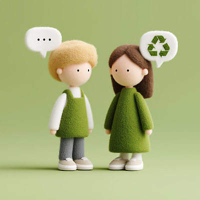 JPG 편집이미지 옷 패션 모션 3D캐릭터 대화 사람 두명 초록색 여름 환경 재활용 보호 그림 설정 편집3D AI컴퓨터그래픽 AI콘텐츠 캐릭터 계절 컬러 컨셉 말하기 3D 친환경 파일형식