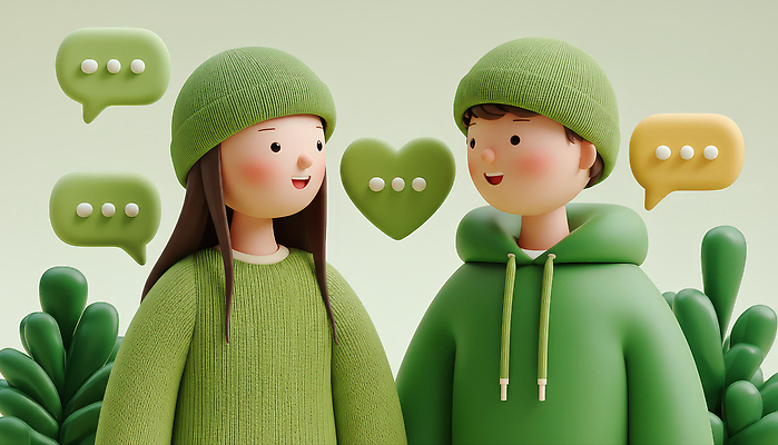 JPG 편집이미지 캐릭터 디자인 옷 행복 감정 컬러 백그라운드 3D캐릭터 대화 웃음 초록색 친구 표현 편집3D AI컴퓨터그래픽 AI콘텐츠 관계 표정 말하기 3D 파일형식