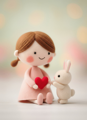 JPG 동물 편집이미지 감정 인형 동화 3D캐릭터 따뜻함 사랑 소녀 생활 장식 귀여움 하트 토끼 오브젝트 그림 편집3D 양모펠트 AI컴퓨터그래픽 AI콘텐츠 모양 캐릭터 여자 어린이 컨셉 포유류 반려동물 3D 양모 펠트 파일형식
