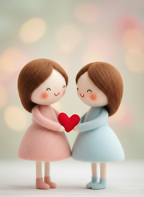 JPG 편집이미지 드레스 행복 인형 분홍색 하늘색 3D캐릭터 선물 사랑 장식 친구 귀여움 우정 하트 오브젝트 단순화된 편집3D 양모펠트 AI컴퓨터그래픽 AI콘텐츠 모양 캐릭터 옷 감정 컬러 컨셉 관계 파란색 3D 양모 펠트 파일형식