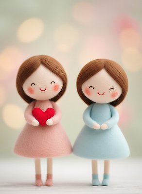 JPG 편집이미지 캐릭터 여자 감정 인형 3D캐릭터 따뜻함 사랑 소녀 장식 친구 귀여움 우정 두개 하트 색감 아기자기 편집3D 양모펠트 AI컴퓨터그래픽 AI콘텐츠 모양 어린이 컨셉 2 관계 사람 3D 양모 펠트 파일형식