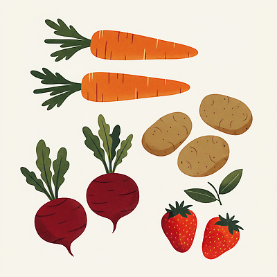 JPG 식물 컬러 채소 과일 일러스트 식재료 자연 딸기 감자 생활 농작물 정원 당근 무 유기농 건강식 신선도 국내일러스트 AI일러스트 AI콘텐츠 웰빙 음식 농업 뿌리채소 생태계 파일형식