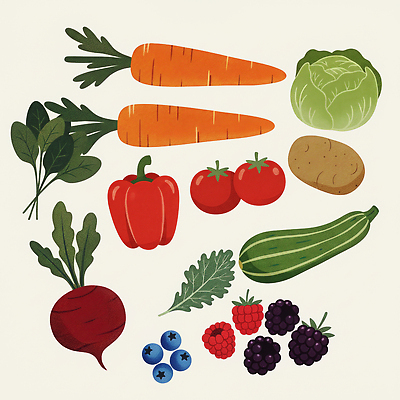 JPG 컬러 토마토 채소 과일 일러스트 식재료 자연 오이 감자 건강 요리 농장 당근 샐러드 수확 신선 블루베리 산딸기 베리 블랙베리 제철 국내일러스트 AI일러스트 AI콘텐츠 음식 농업 뿌리채소 생태계 파일형식