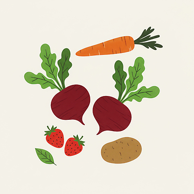 JPG 식물 디자인 농업 채소 과일 일러스트 자연 딸기 감자 건강 풍경 빨간색 초록색 여름 당근 신선 무 유기농 국내일러스트 AI일러스트 AI콘텐츠 웰빙 계절 산업 컬러 뿌리채소 생태계 파일형식