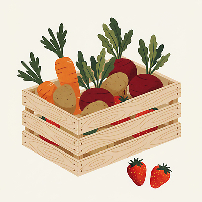 JPG 컬러 채소 일러스트 재료 자연 딸기 감자 요리 농작물 농장 정원 식사 당근 수확 신선 맛 나무상자 유기농 비타민 건강식 비트 국내일러스트 AI일러스트 AI콘텐츠 웰빙 음식 컨셉 농업 과일 뿌리채소 상자 생태계 영양소 파일형식