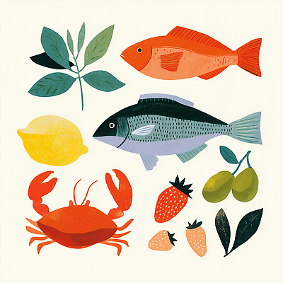 JPG 디자인 예술 바다 과일 일러스트 자연 딸기 어류 요리 게 신선 레몬 해산물 올리브 색감 정물화 국내일러스트 AI일러스트 AI콘텐츠 열매 갑각류 수중동물 그림 생태계 파일형식