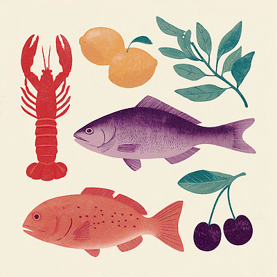 JPG 디자인 예술 백그라운드 잎 과일 일러스트 재료 자연 귤 갑각류 어류 요리 식사 신선 체리 해산물 조화 색감 국내일러스트 AI일러스트 AI콘텐츠 식물 동물 수중동물 생태계 파일형식