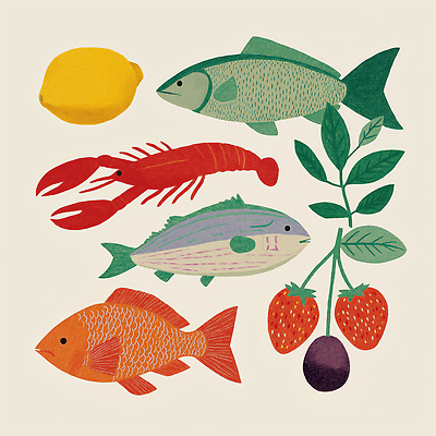 JPG 라이프스타일 디자인 과일 일러스트 식재료 자연 딸기 어류 주방 수중동물 해물요리 신선 레몬 해산물 색감 아기자기 국내일러스트 AI일러스트 AI콘텐츠 동물 음식 컨셉 생활 생태계 파일형식