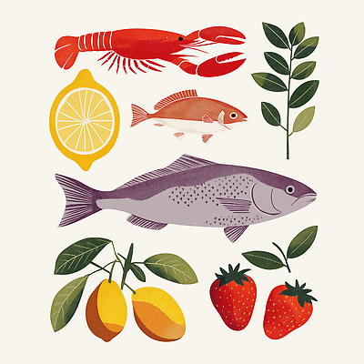 JPG 예술 음식 바다 컬러 채소 과일 일러스트 재료 자연 딸기 건강 어류 요리 식사 신선 시장 레몬 해산물 레시피 조화 국내일러스트 AI일러스트 AI콘텐츠 수중동물 생태계 파일형식