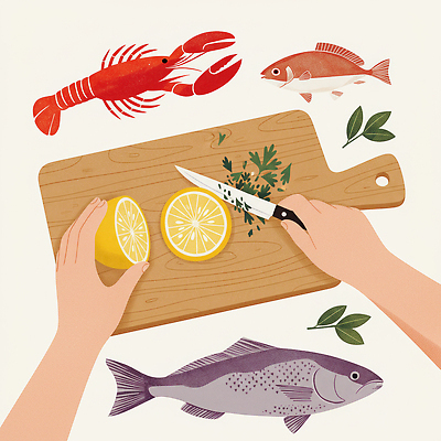 JPG 손 음식 바다 일러스트 식재료 재료 주방용품 도마 요리 식사 해물요리 신선 칼 맛 계산대 레몬 허브 해산물 준비 국내일러스트 AI일러스트 AI콘텐츠 식물 생활용품 컨셉 과일 신체부위 파일형식