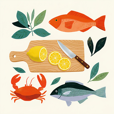 JPG 나무 음식 채소 일러스트 식재료 재료 자연 도마 어류 요리 주방 해물요리 게 신선 칼 레몬 해산물 준비 레시피 국내일러스트 AI일러스트 AI콘텐츠 식물 과일 주방용품 갑각류 수중동물 생태계 파일형식