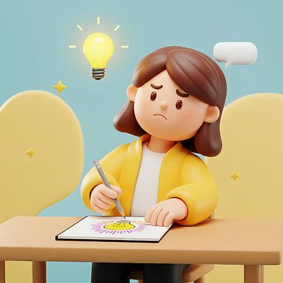 JPG 편집이미지 캐릭터 디자인 생각 아이디어 3D캐릭터 연필 메모지 작업 책상 고민 그림 상상력 창의력 편집3D AI컴퓨터그래픽 AI콘텐츠 감정 가구 컨셉 학용품 필기구 3D 사무용품 파일형식