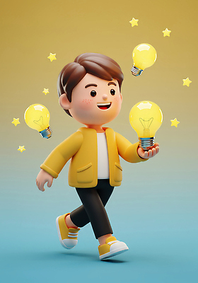 JPG 편집이미지 행복 백그라운드 전구 모션 아이디어 3D캐릭터 소년 빛 노란색 머리 걷기 꿈 즐거움 상상력 창의성 편집3D AI컴퓨터그래픽 AI콘텐츠 캐릭터 남자 감정 어린이 컬러 컨셉 신체부위 3D 파일형식