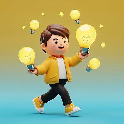 JPG 편집이미지 행복 어린이 백그라운드 전구 아이디어 3D캐릭터 표정 밝음 에너지 즐거움 상상력 순간 창의력 흥미 편집3D AI컴퓨터그래픽 AI콘텐츠 캐릭터 감정 컨셉 사람 3D 파일형식