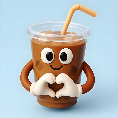 JPG 편집이미지 캐릭터 디자인 시선 감정 커피 음료 3D캐릭터 사랑 컵 귀여움 하트 표현 즐거움 아이스커피 아이스아메리카노 편집3D AI컴퓨터그래픽 AI콘텐츠 모양 식기 컨셉 3D 아메리카노 파일형식