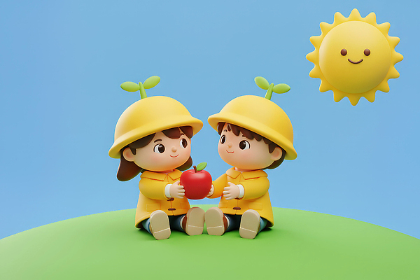 JPG 편집이미지 캐릭터 백그라운드 자연 놀이 3D캐릭터 웃음 친구 햇빛 유치원생 사과 순수 즐거움 나누기 편집3D AI컴퓨터그래픽 AI콘텐츠 감정 어린이 컨셉 과일 관계 표정 태양 3D 생태계 파일형식