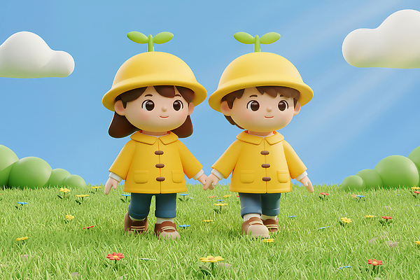 JPG 편집이미지 꽃 행복 어린이 놀이 하늘 3D캐릭터 웃음 잔디 친구 노란색 손잡기 유치원생 외출 우비 편집3D AI컴퓨터그래픽 AI콘텐츠 식물 캐릭터 옷 감정 컬러 관계 모션 표정 사람 3D 파일형식